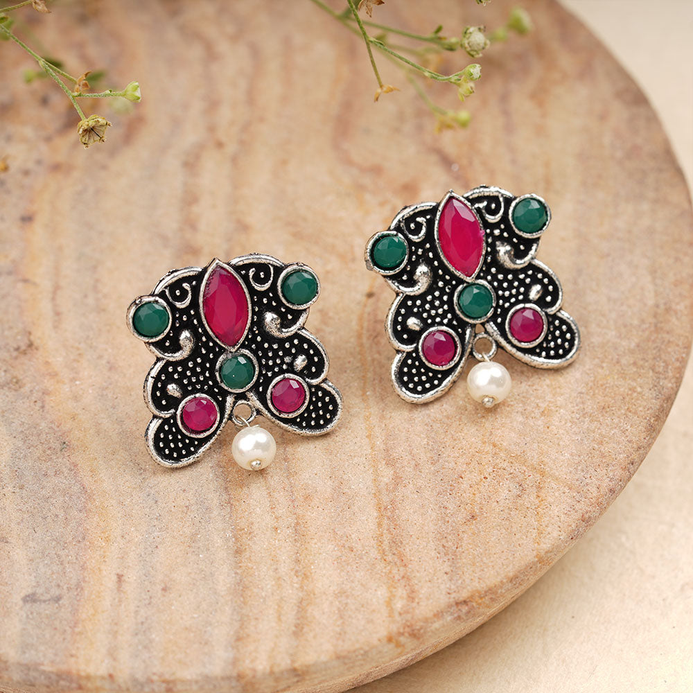 RadiantRays stone studded oxidised stud earrings  (Multicoloured)