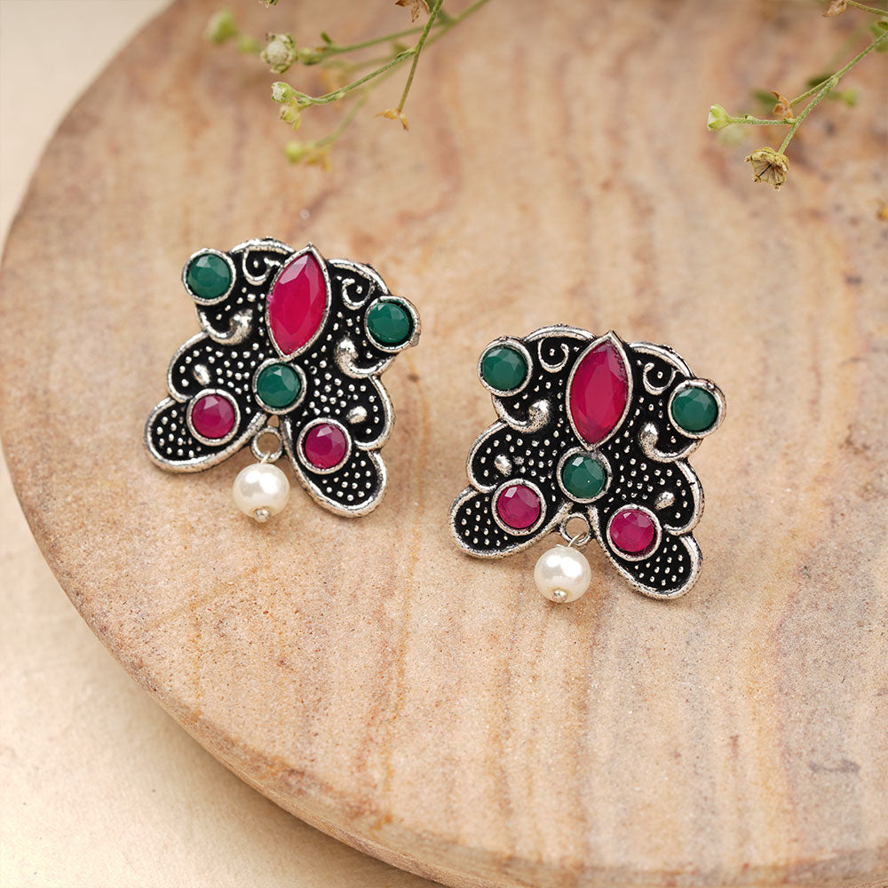 RadiantRays stone studded oxidised stud earrings  (Multicoloured)