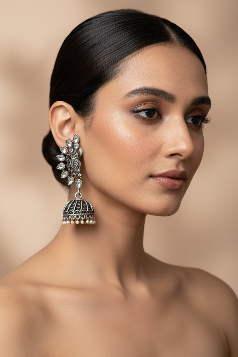 floraglam stone studded jhumki earrings (White)