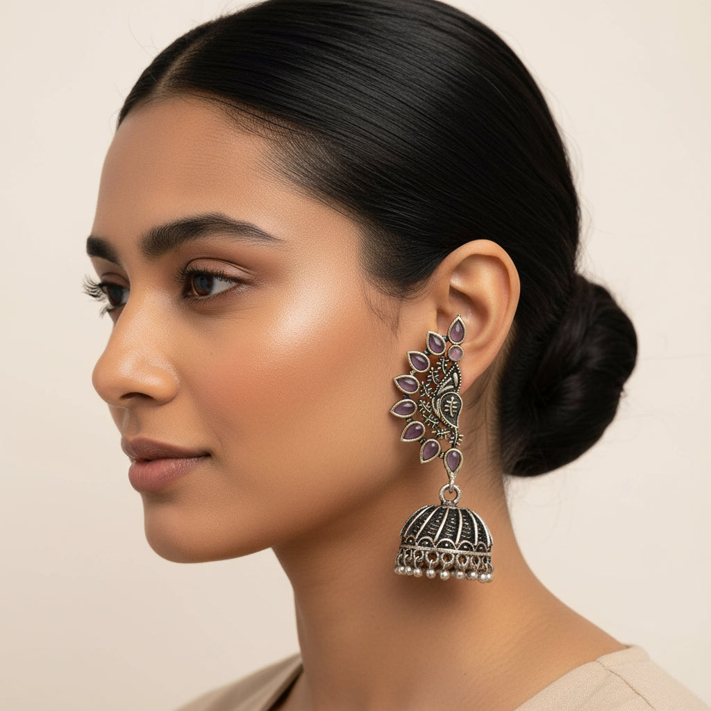 floraglam stone studded jhumki earrings (Baby Pink)
