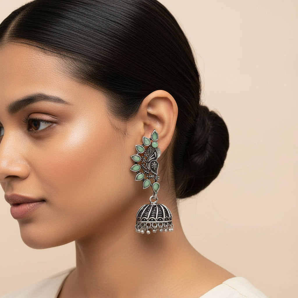 floraglam stone studded jhumki earrings (Pista)