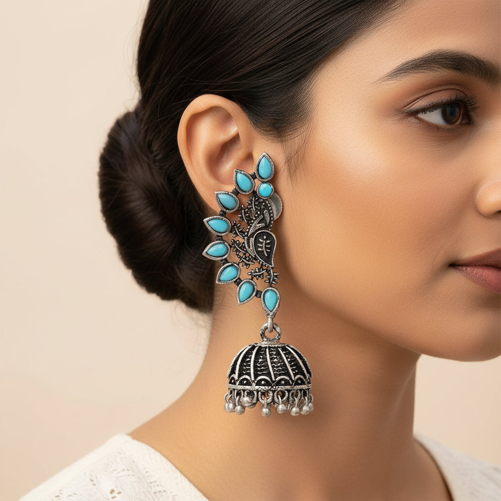 floraglam stone studded jhumki earrings (Skyblue)