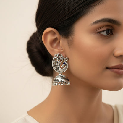 Mayur Vilas Silver Brass Oxidised Jhumki earrings