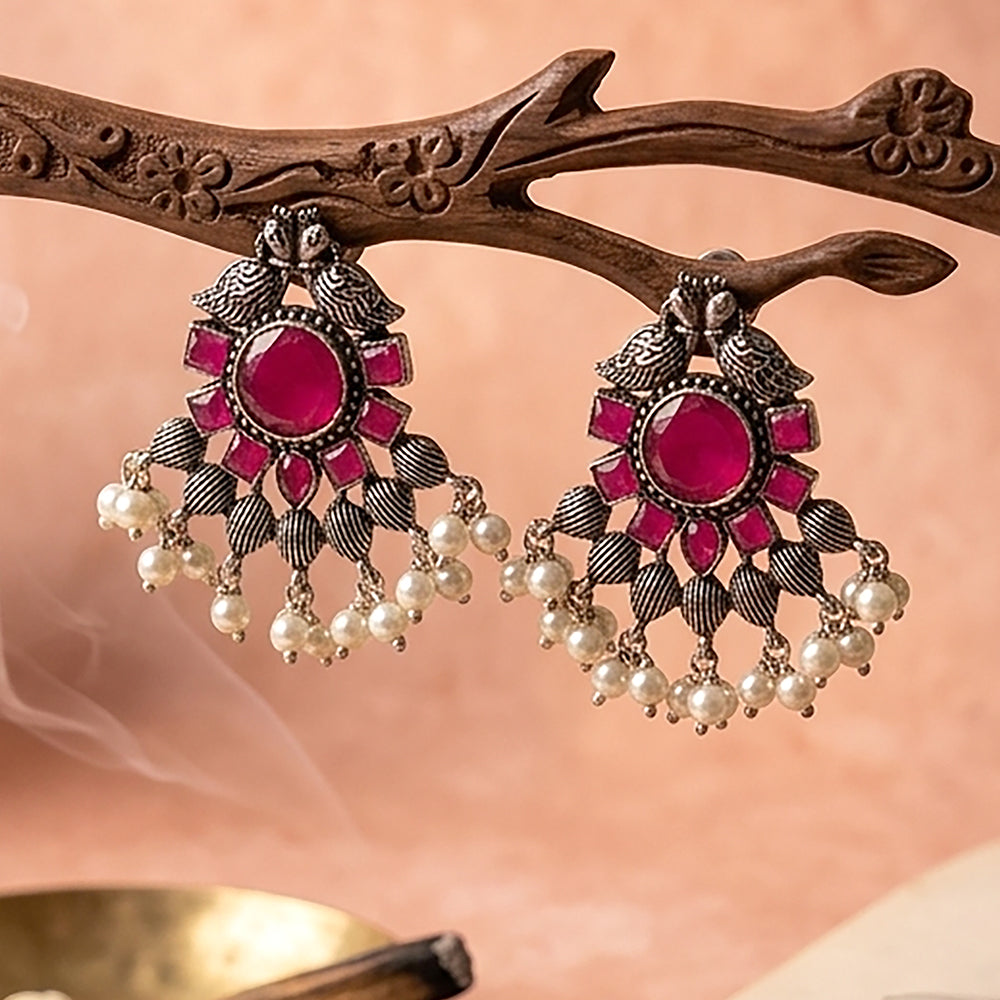 Gulratan Antique Pearl Drop Brooch Earring (Red)