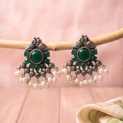 Gulratan Antique Pearl Drop Brooch Earring (Green)