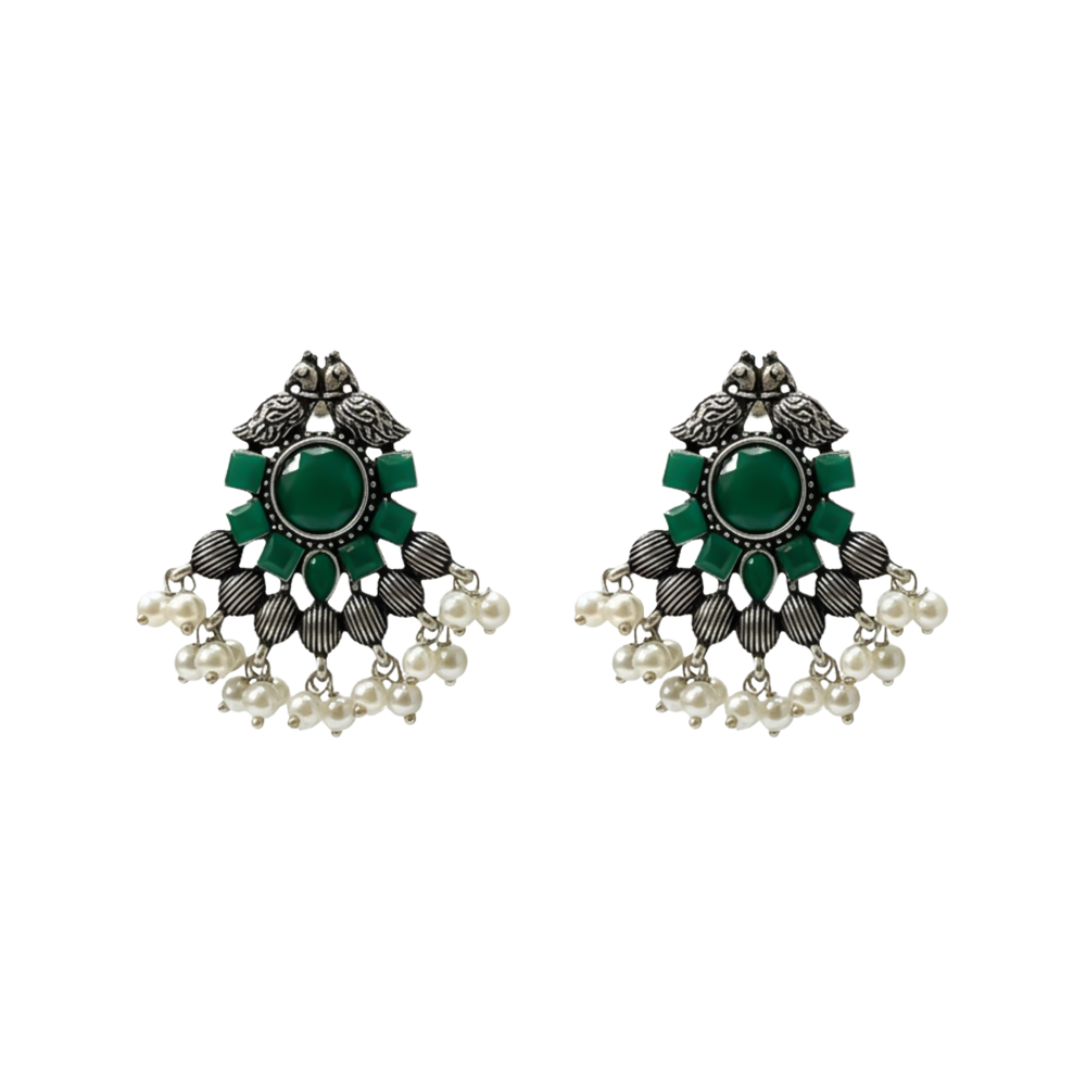 Gulratan Antique Pearl Drop Brooch Earring (Green)