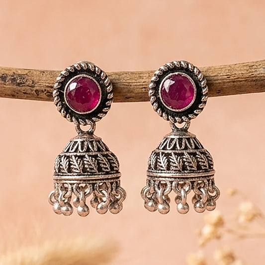 Red Stone Oxidized Jhumki Earrings