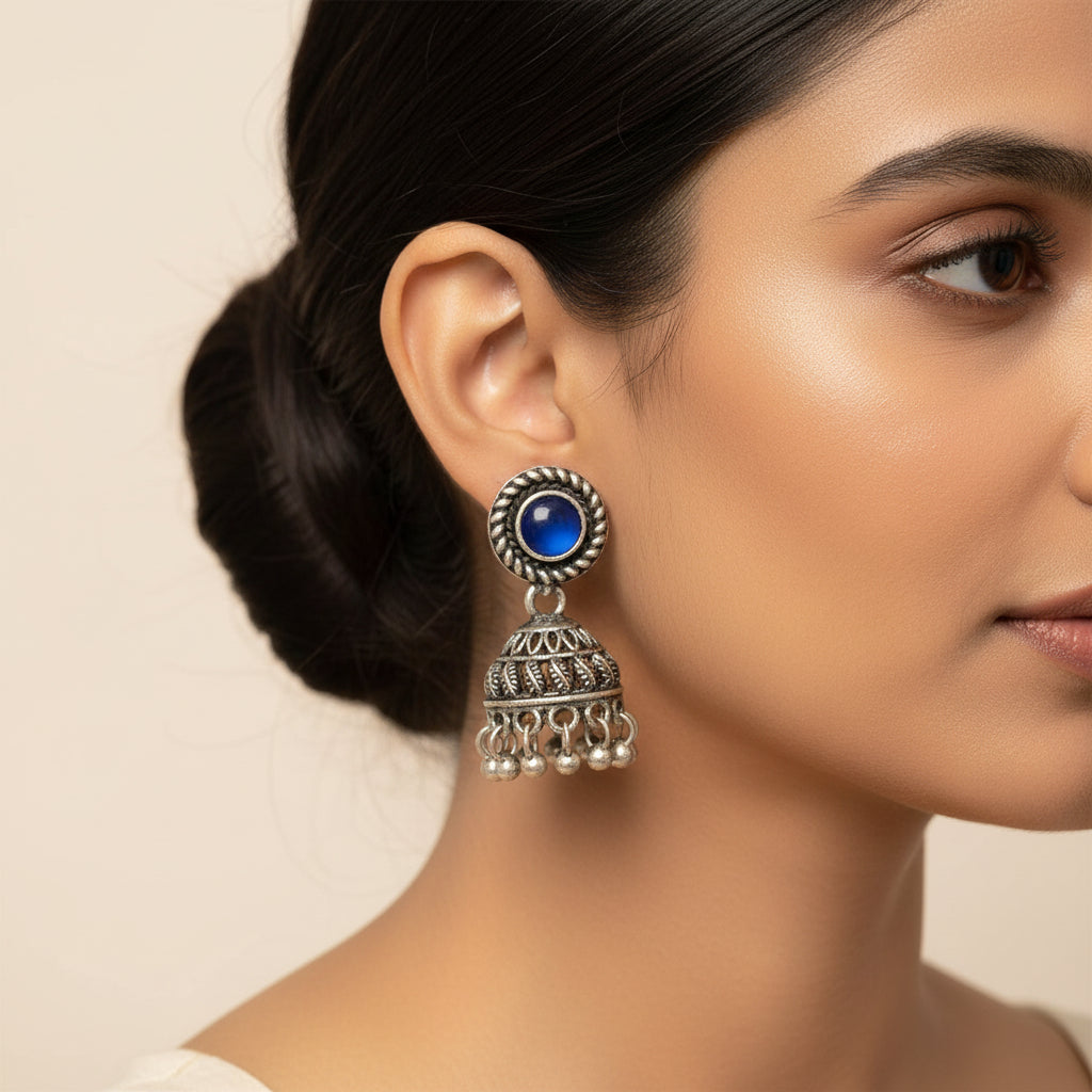 Blue Stone Oxidized Jhumki Earrings (Blue)