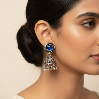 Blue Stone Oxidized Jhumki Earrings (Blue)
