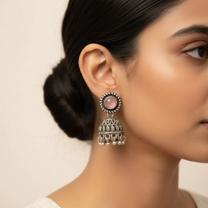 Baby pink Stone Oxidized Jhumki Earrings (Baby pink)