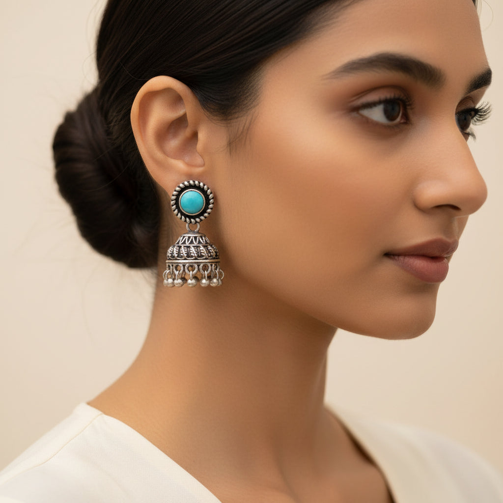 sky blue Stone Oxidized Jhumki Earrings (sky blue)