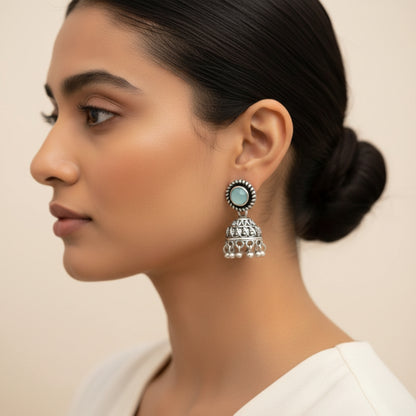 Mint Stone Oxidized Jhumki Earrings (Mint)