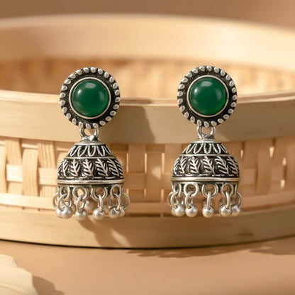 Green Stone Oxidized Jhumki Earrings (Green)