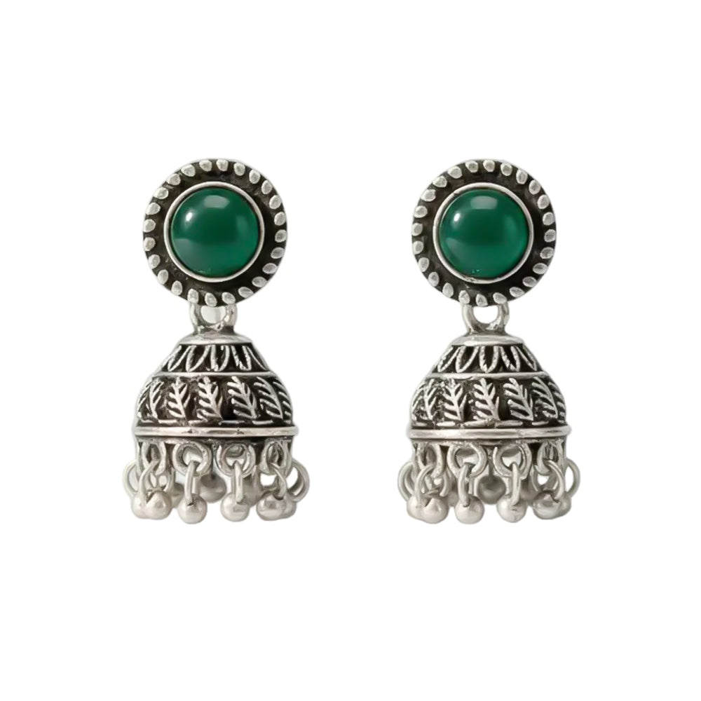 Green Stone Oxidized Jhumki Earrings (Green)