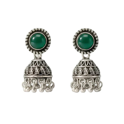 Green Stone Oxidized Jhumki Earrings (Green)