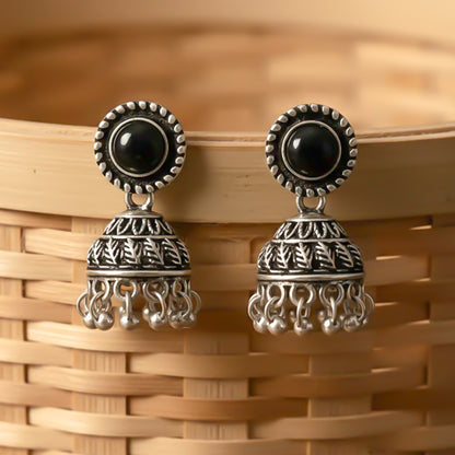 Black Stone Oxidized Jhumki Earrings (Black)