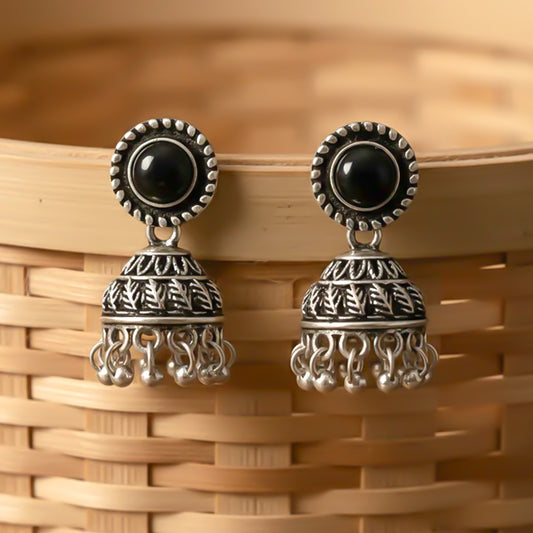 Black Stone Oxidized Jhumki Earrings (Black)