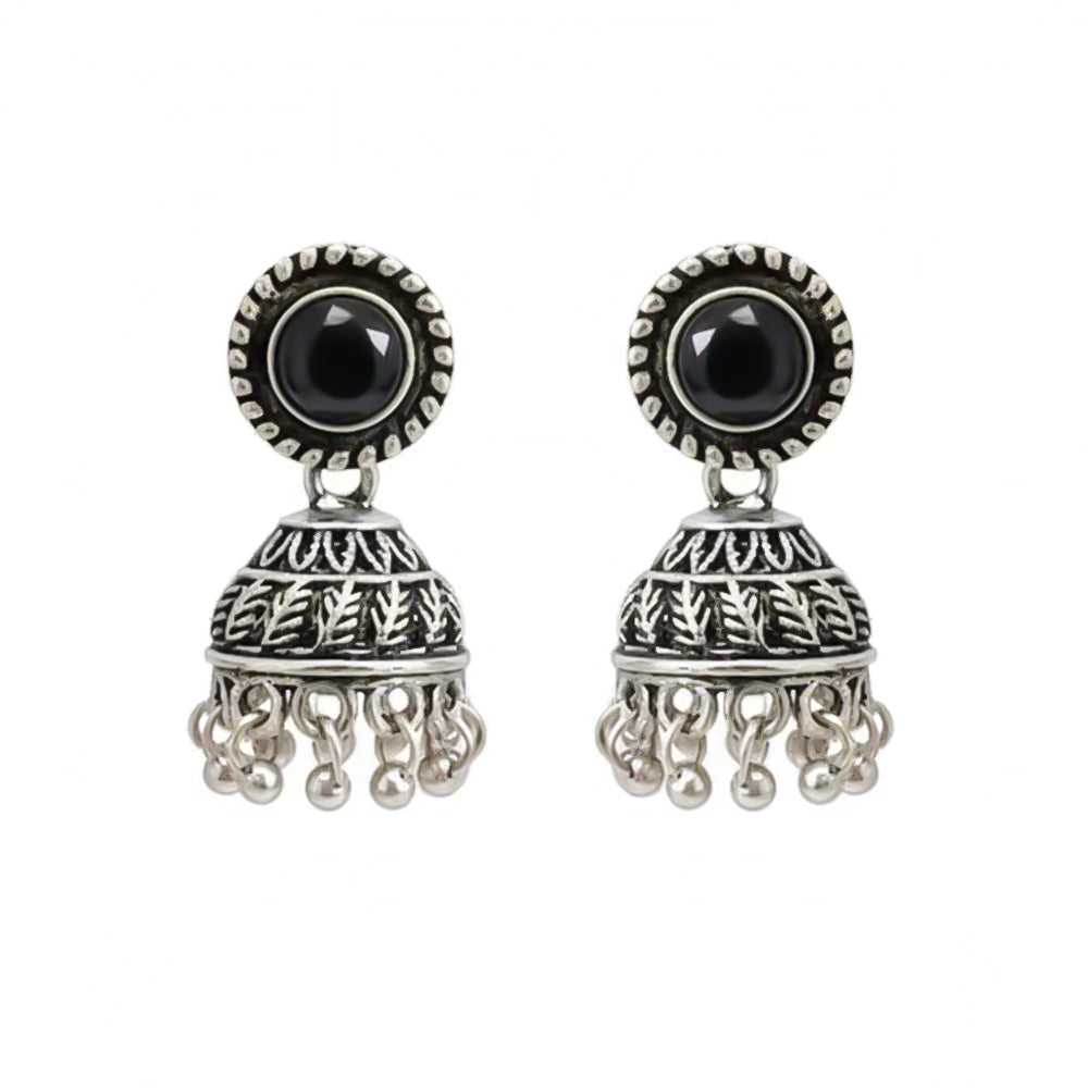 Black Stone Oxidized Jhumki Earrings (Black)
