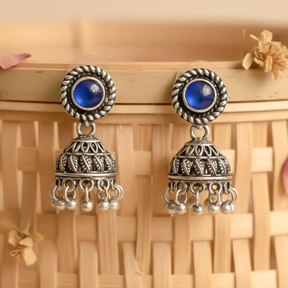 Blue Stone Oxidized Jhumki Earrings (Blue)