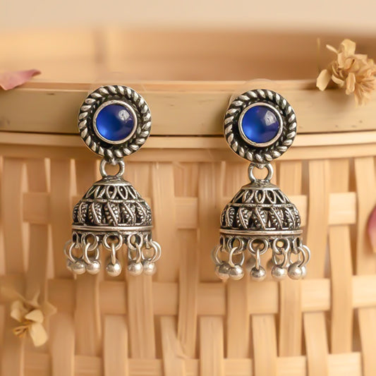 Blue Stone Oxidized Jhumki Earrings (Blue)