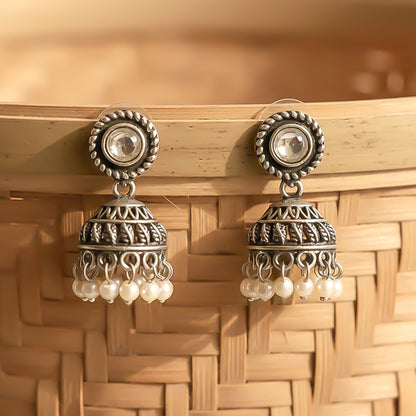 White Stone Oxidized Jhumki Earrings (White)