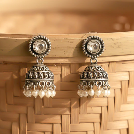White Stone Oxidized Jhumki Earrings (White)