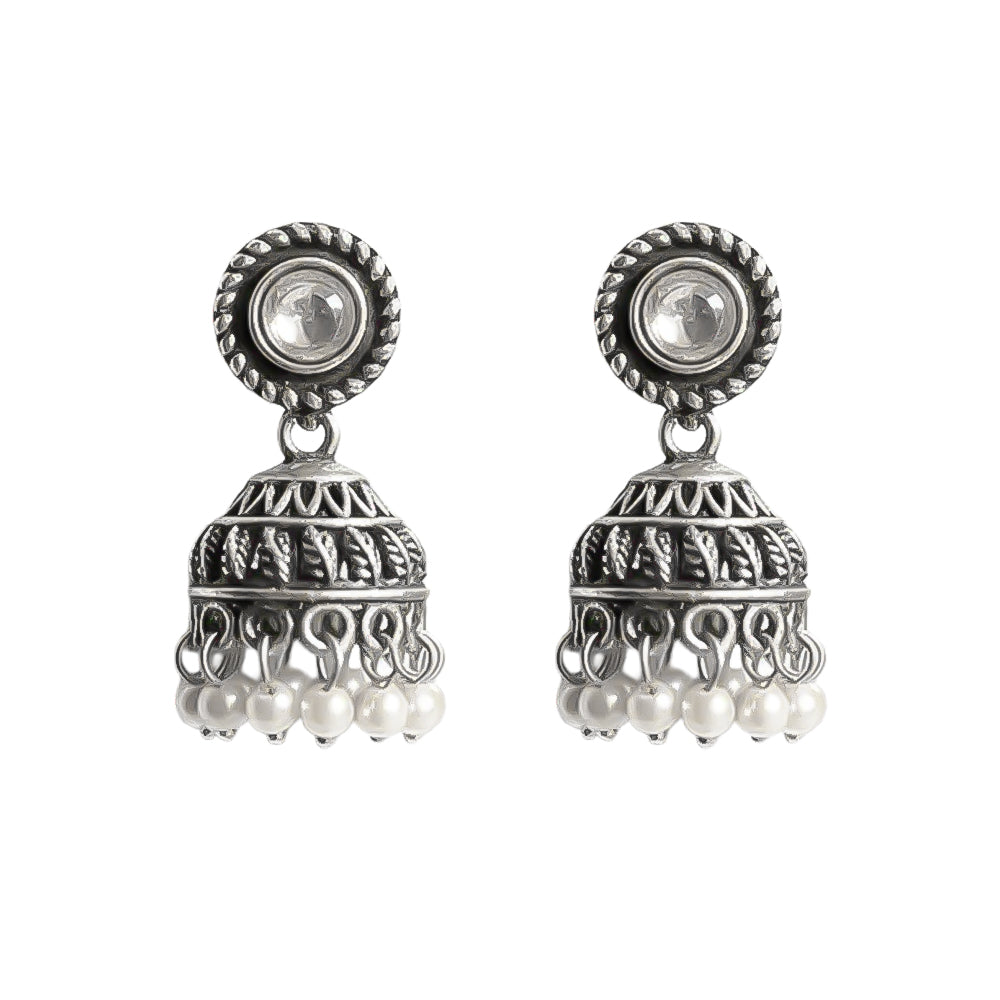 White Stone Oxidized Jhumki Earrings (White)