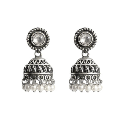 White Stone Oxidized Jhumki Earrings (White)