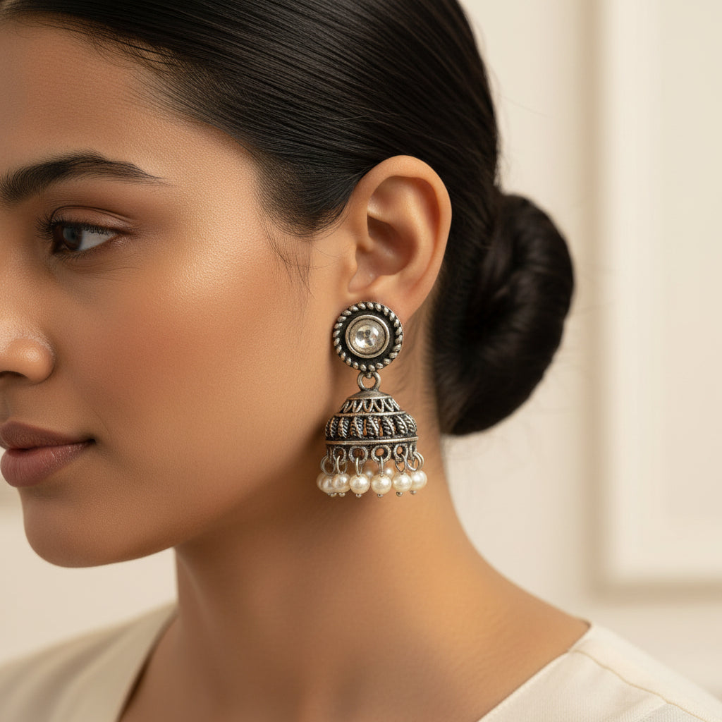 White Stone Oxidized Jhumki Earrings (White)