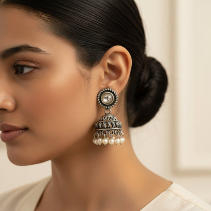 White Stone Oxidized Jhumki Earrings (White)