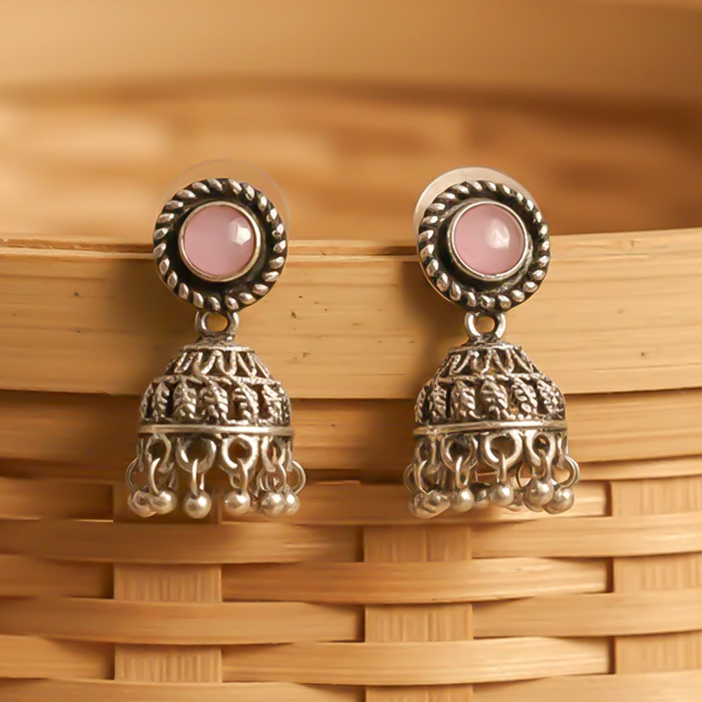 Baby pink Stone Oxidized Jhumki Earrings (Baby pink)
