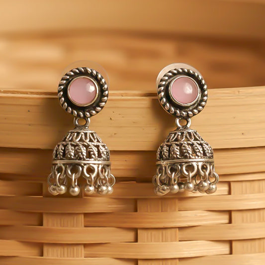 Baby pink Stone Oxidized Jhumki Earrings (Baby pink)