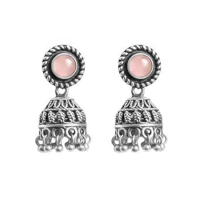 Baby pink Stone Oxidized Jhumki Earrings (Baby pink)