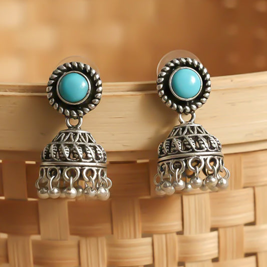 sky blue Stone Oxidized Jhumki Earrings (sky blue)