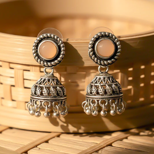 Light Orange Stone Oxidized Jhumki Earrings (Light Orange)