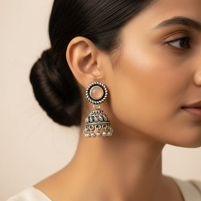 Light Orange Stone Oxidized Jhumki Earrings (Light Orange)