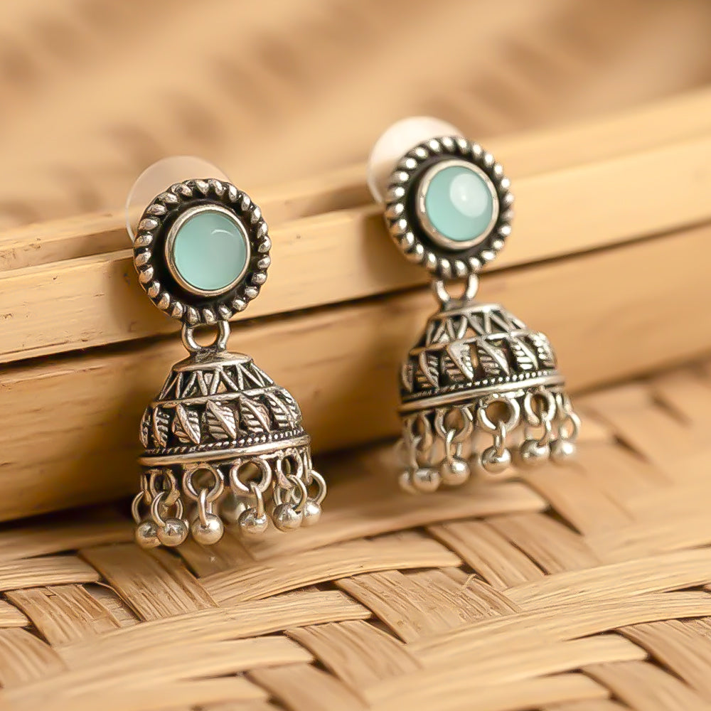 Mint Stone Oxidized Jhumki Earrings (Mint)