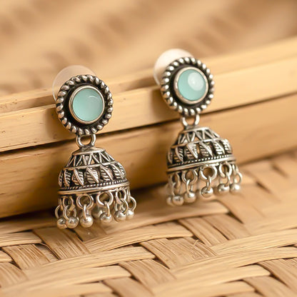 Mint Stone Oxidized Jhumki Earrings (Mint)