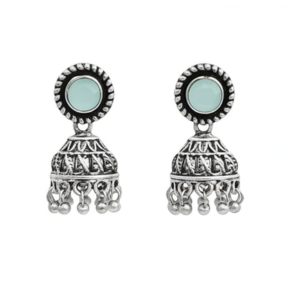 Mint Stone Oxidized Jhumki Earrings (Mint)
