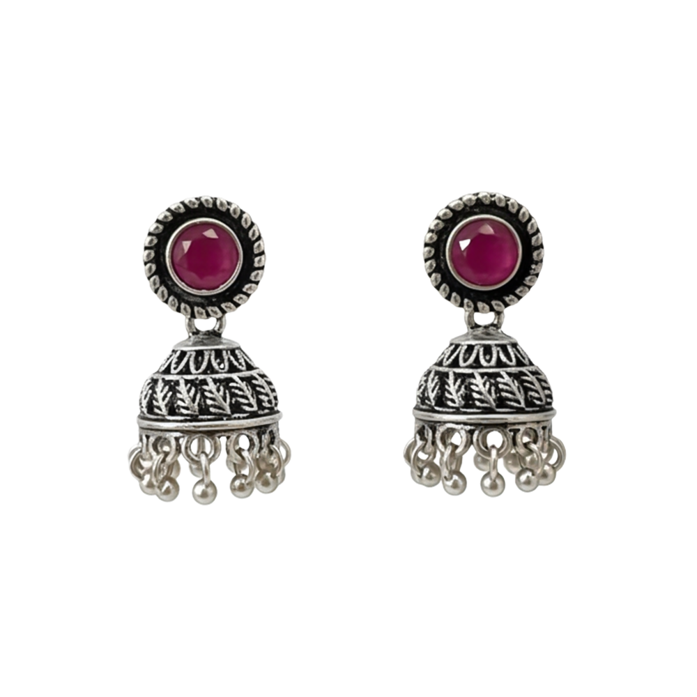 Red Stone Oxidized Jhumki Earrings