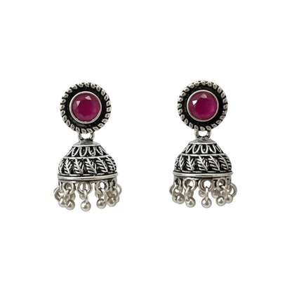 Red Stone Oxidized Jhumki Earrings