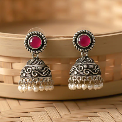 Red Stone Oxidized Jhumki Earrings (Red)