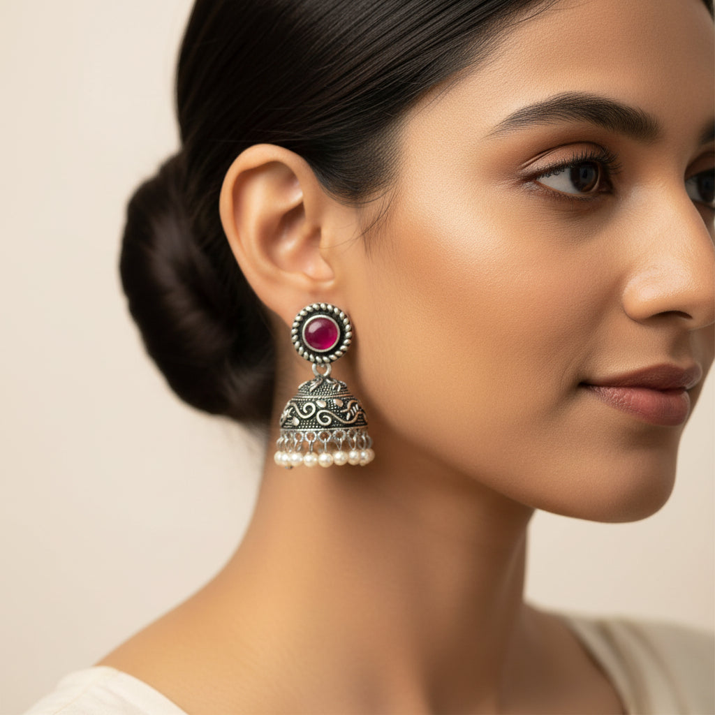 Red Stone Oxidized Jhumki Earrings (Red)