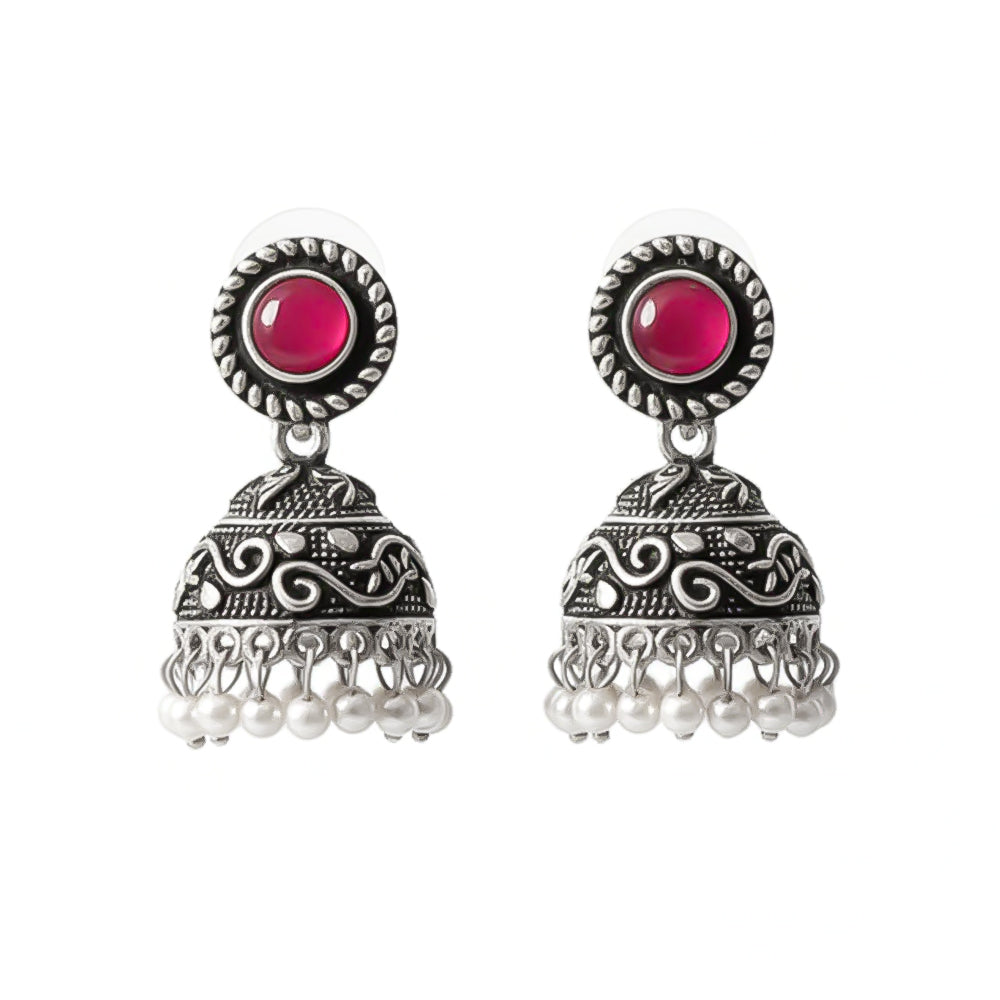 Red Stone Oxidized Jhumki Earrings (Red)