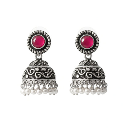 Red Stone Oxidized Jhumki Earrings (Red)