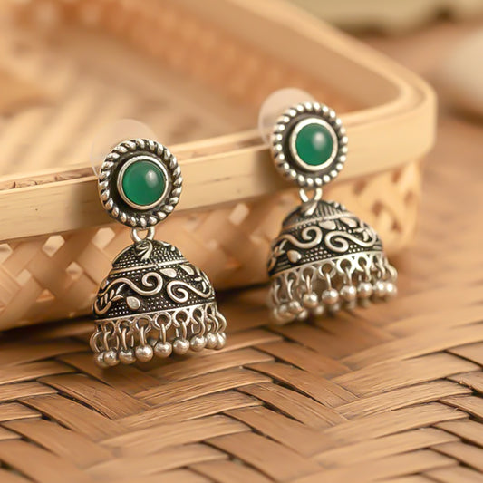 Green Stone Oxidized Jhumki Earrings (Green)