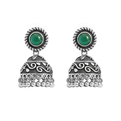 Green Stone Oxidized Jhumki Earrings (Green)