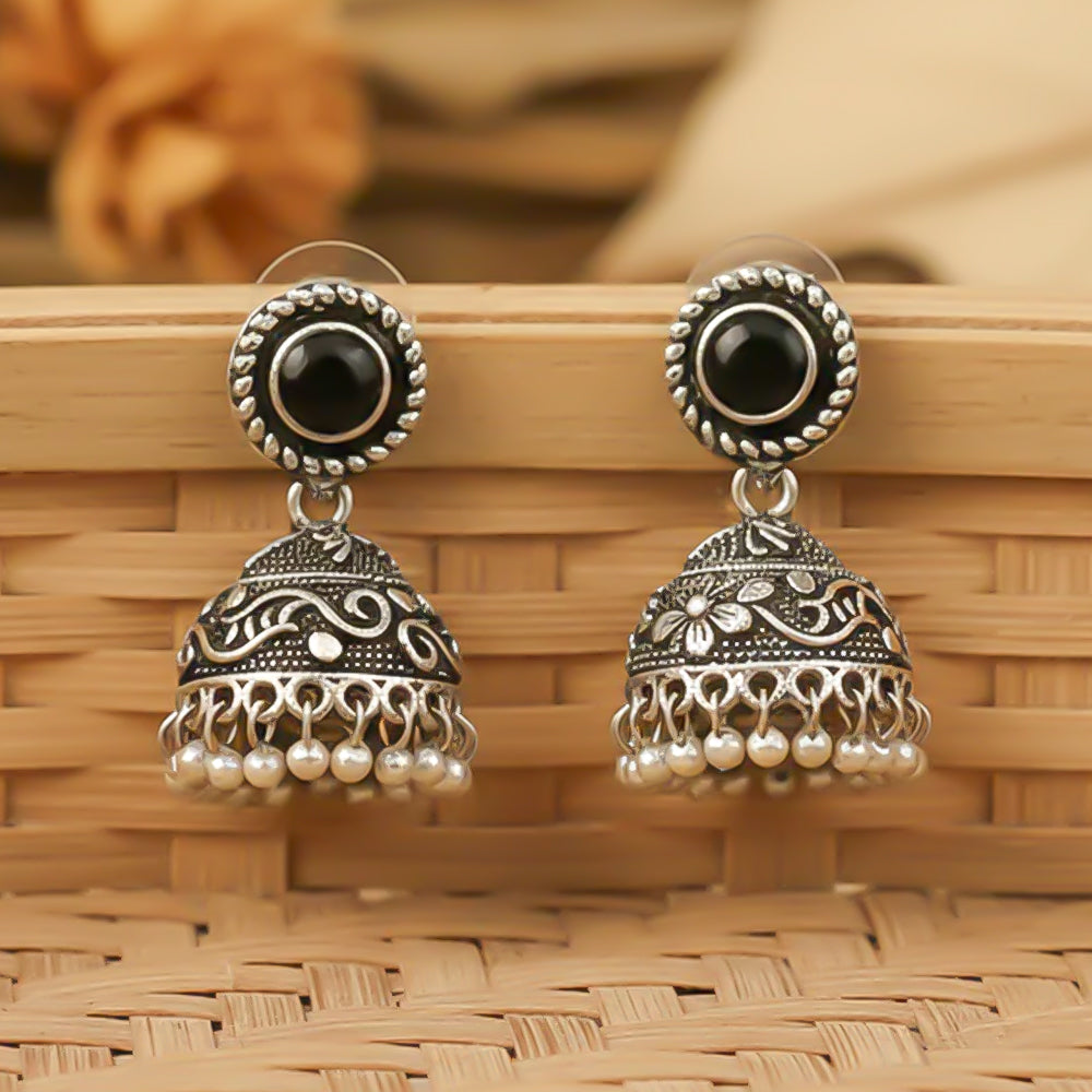 Black Stone Oxidized Jhumki Earrings (Black)