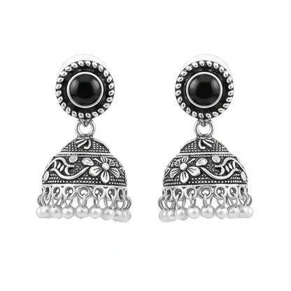 Black Stone Oxidized Jhumki Earrings (Black)