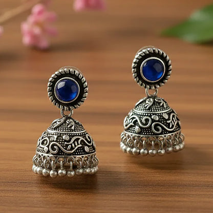 Blue Stone Oxidized Jhumki Earrings